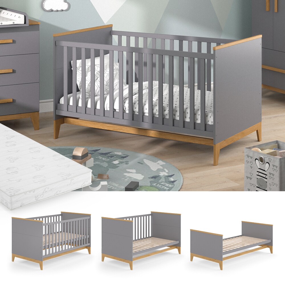 VitaliSpa Kinderbett Babybett Juniorbett Malia Grau Eiche Matratze modern 70x140 cm Kinderzimmer Bett Babyzimmerbett Kindermöbel Babymöbel Schlupfsprossen Lattenrost Rausfallschutz Einzelbett