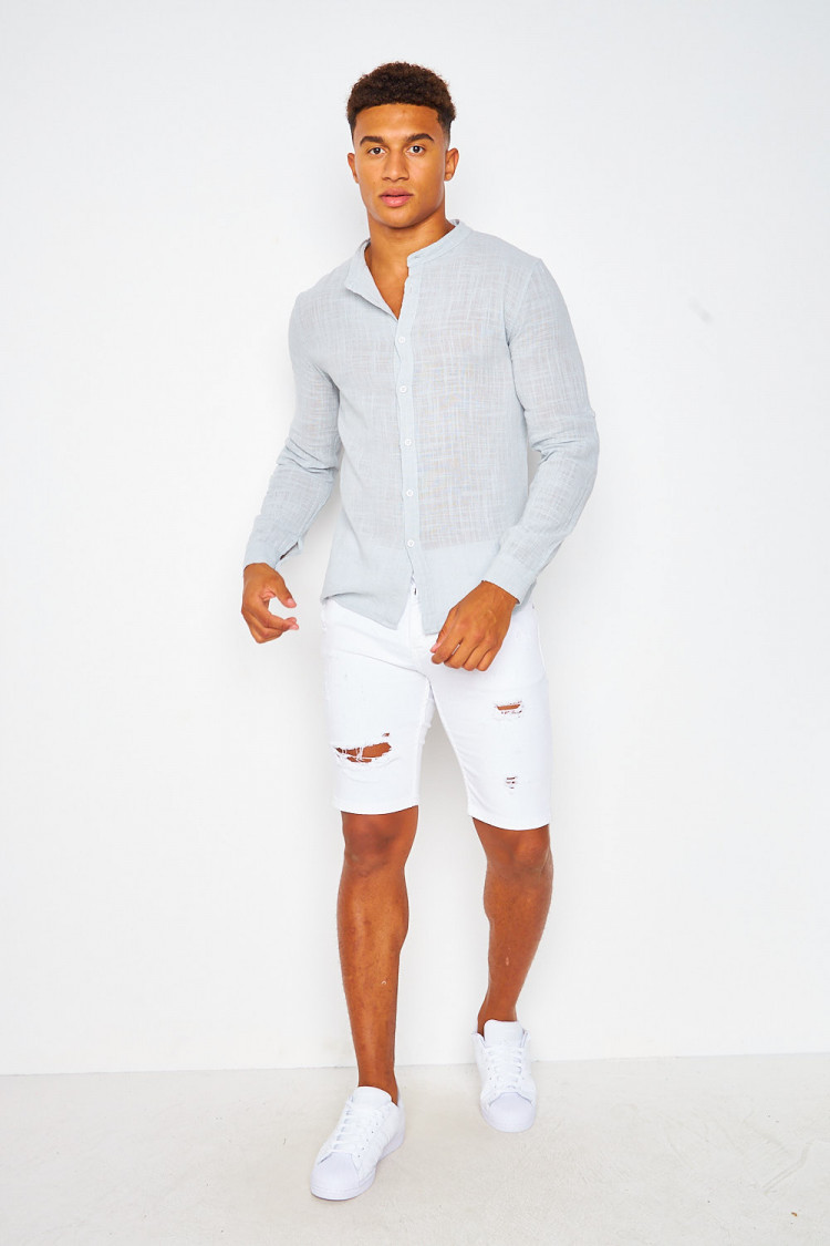 Chemise grise en coton col officier