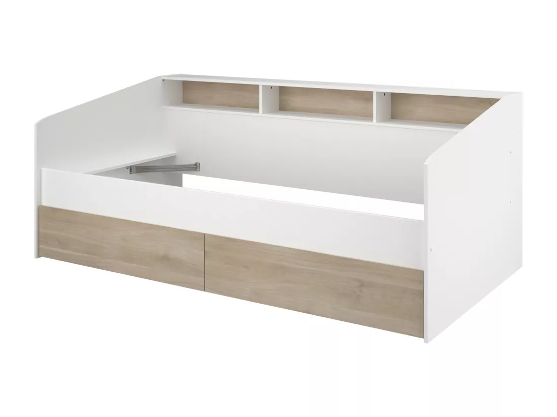 Lit 90 x 190/200 cm avec rangements - Blanc et naturel + Sommier + Matelas - PAULETTE