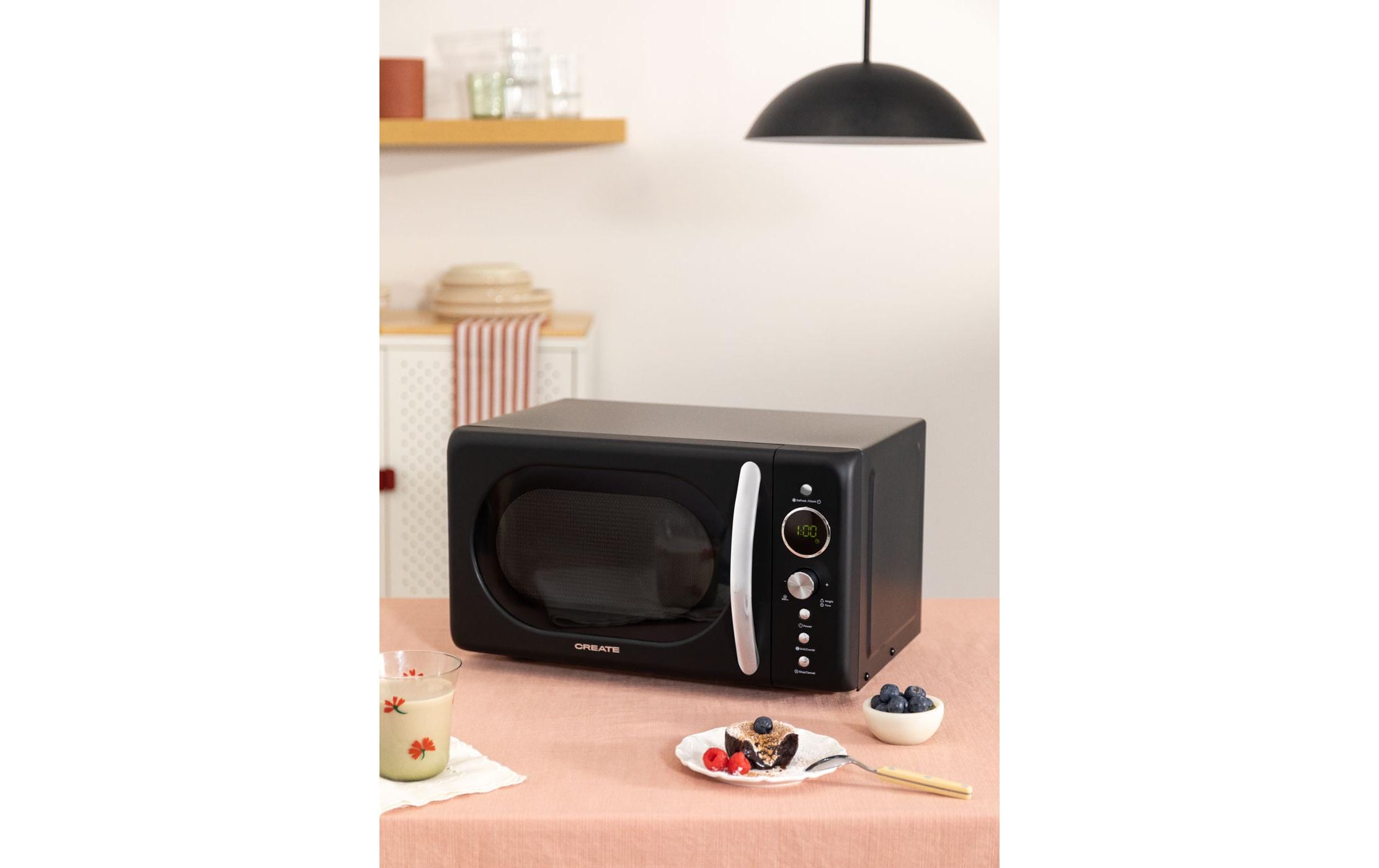 Mikrowelle Retro Schwarz<br>Retro-Mikrowelle mit Grill, Defrost und Autocook-Funktionen