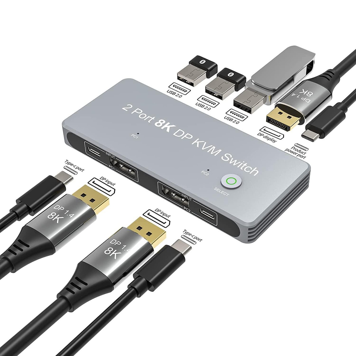 NÖRDIC KVM-svitsj 2xPC til 1xDP 8K 60Hz 3xUSB-A 2.0