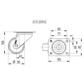 TENTE 3470 PVJ 080 P62 zwart zwenkwiel 80 mm