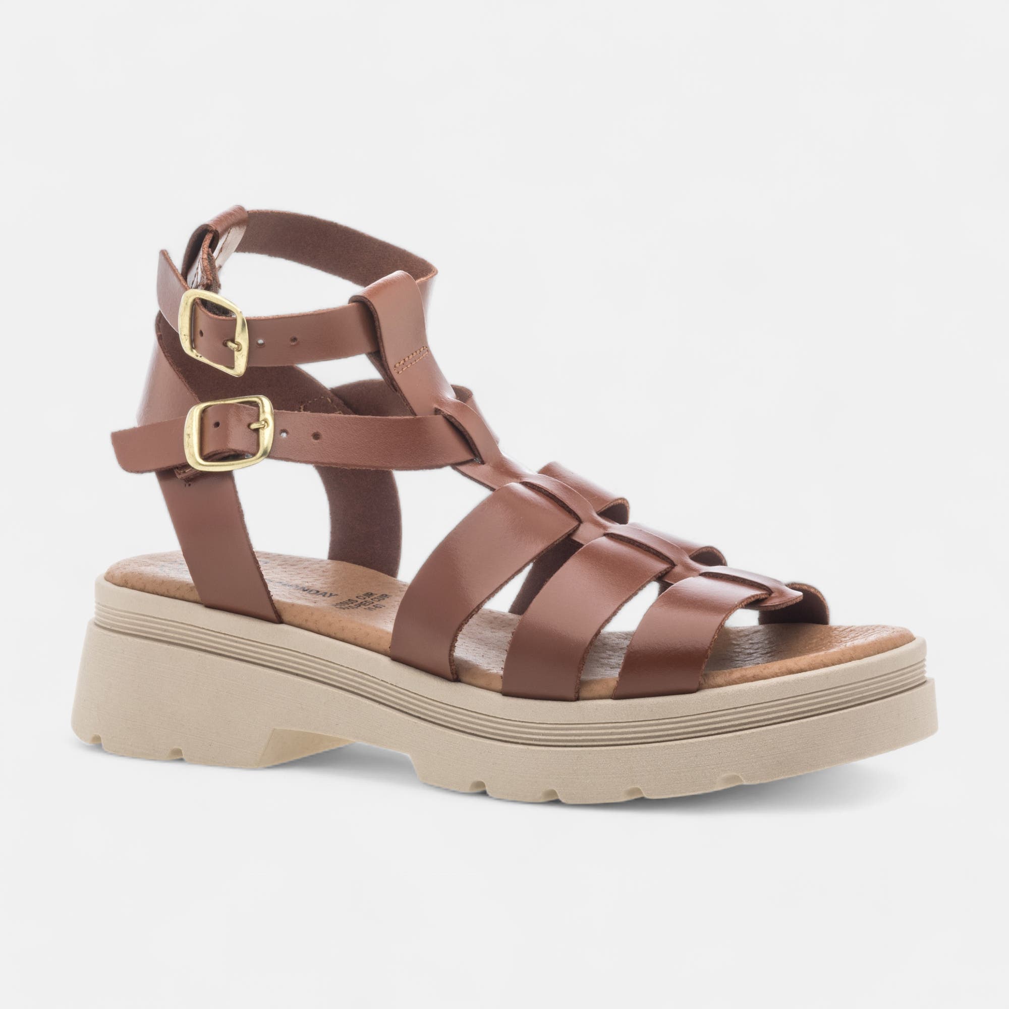 Sandales à talon compensé Femme en cuir cognac