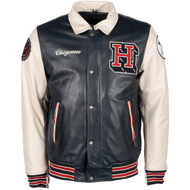 Helstons - Blouson Cheyenne Cuir Rag Bleu / Beige
