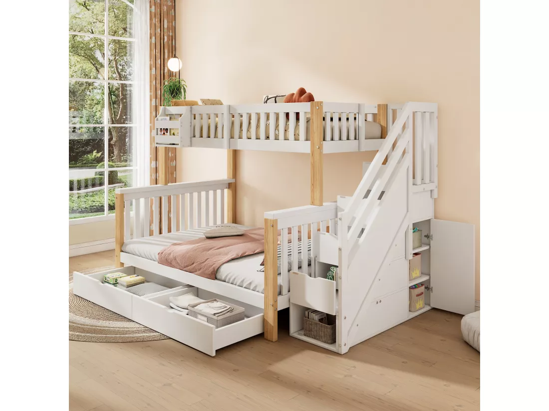 Lit superposé pour enfants 90x200+140x200cm - Lit double - avec 2 tiroirs - avec armoire d'escalier - Blanc + naturel (matelas non inclus)