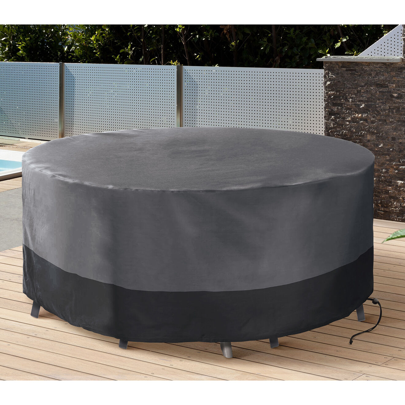 Pratik Garden Housse de protection pour table ronde + chaises gris/noir - D.220x74 cm