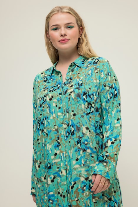 Hemdbluse, Alloverprint, Longform, Hemdkragen, Langarm