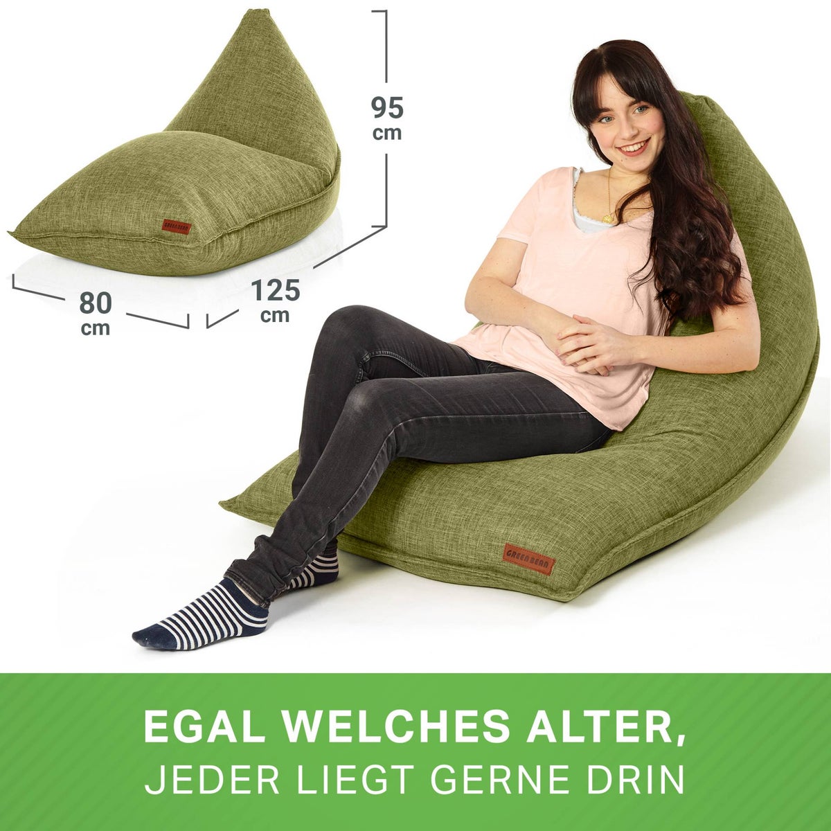 Green Bean Triangle Zitzak 150x100x100cm met 220 liter EPS-korrelvulling - Knuffelzacht en wasbaar - Binnenkussen van stof voor op de vloer, ligstoel en zitkussen - Groen