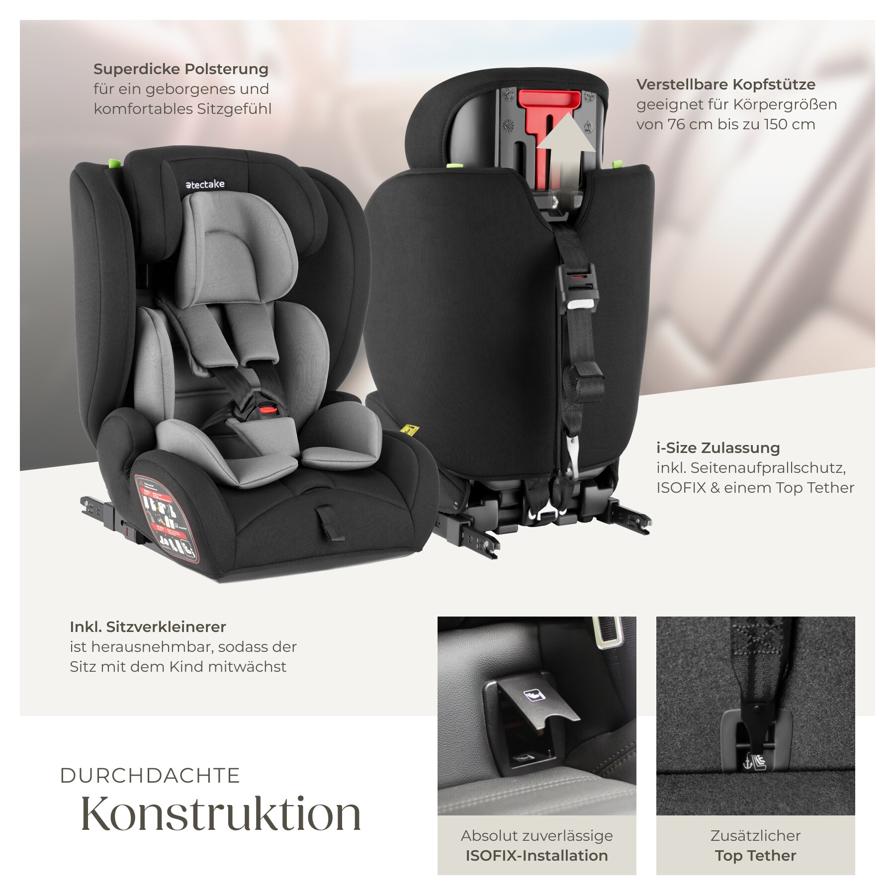 tectake® Autositz, i-Size Zulassung, ISOFIX-Installation und Top Tether, mit Seitenaufprallschutz, längenverstellbarer 5-Punkt-Gurt, 8-fach höhenverstellbare Kopfstütze, ab 15 Monaten von 76 bis 150 cm, Belastbarkeit 36 kg