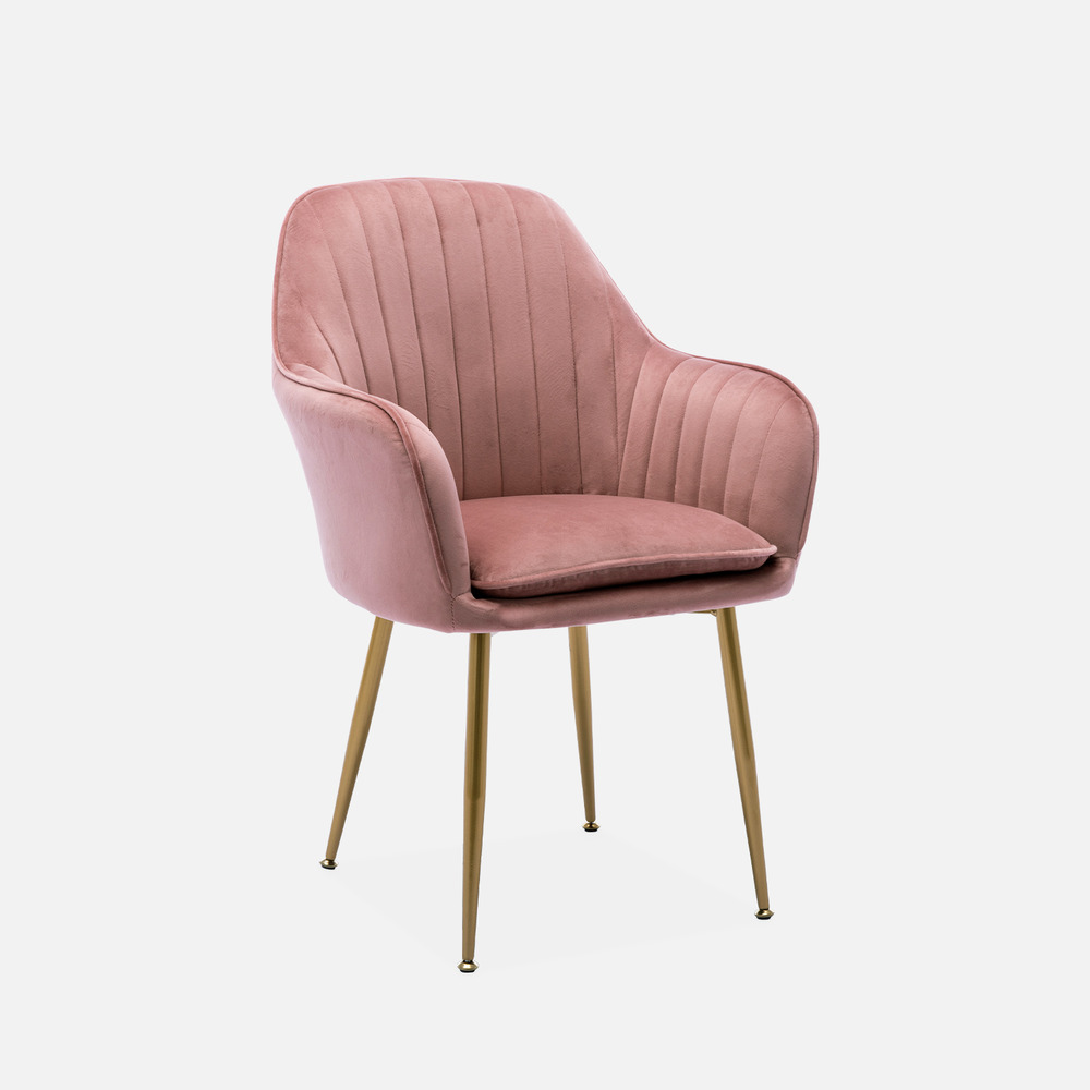 Fauteuil en velours vieux rose et pieds en métal doré. Shella l 58 x p 58 x h 85