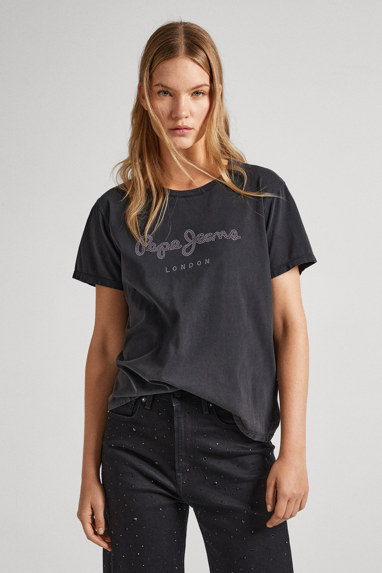 Camiseta de algodão com logotipo de strass
