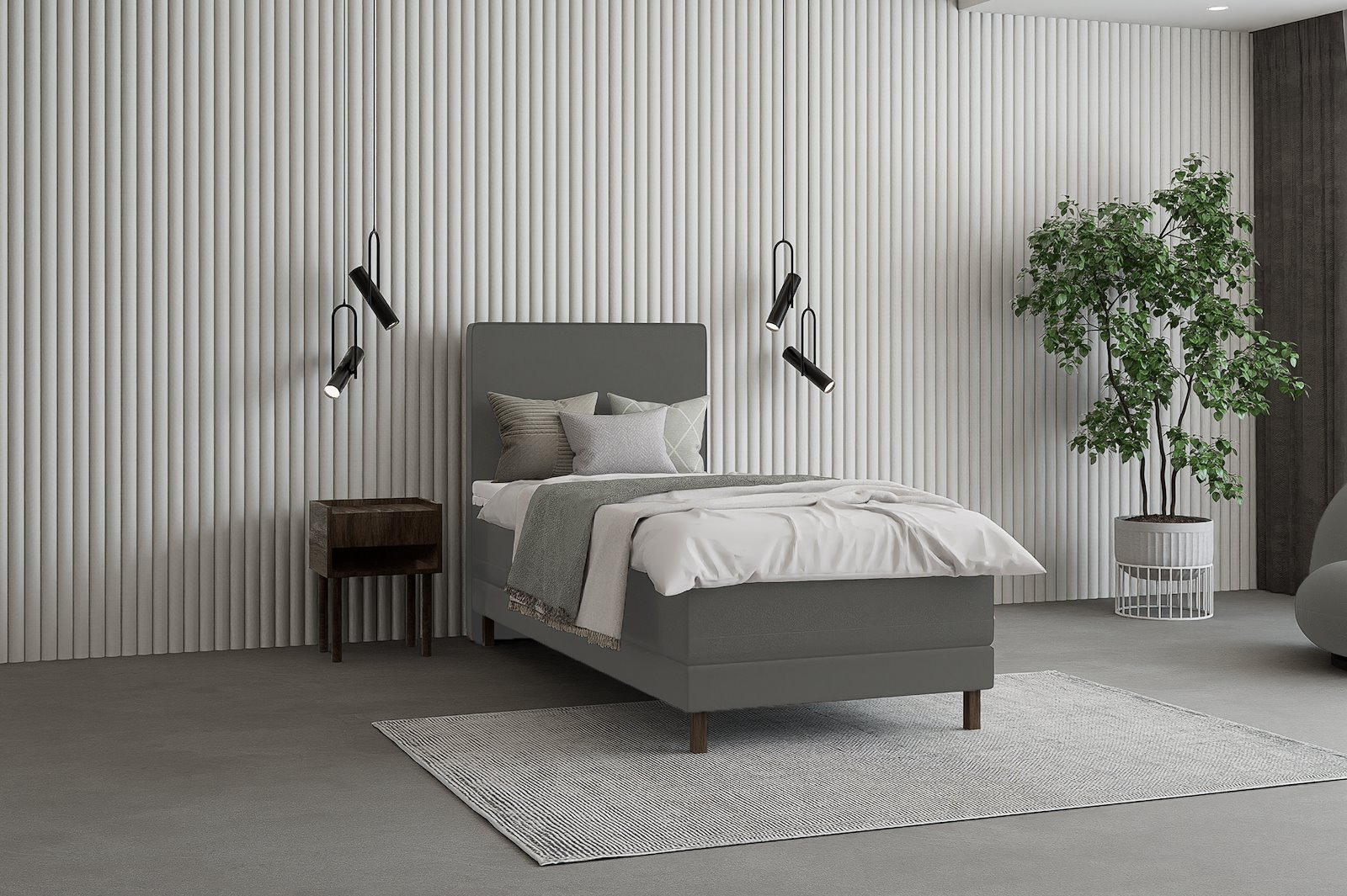 Premium 14 regulerbar seng 90x200 cm Tekstil Storm 97 mørk grå, fast, Premium 14 overmadrass med røkfarget 15 cm ben, gavl selges separate.