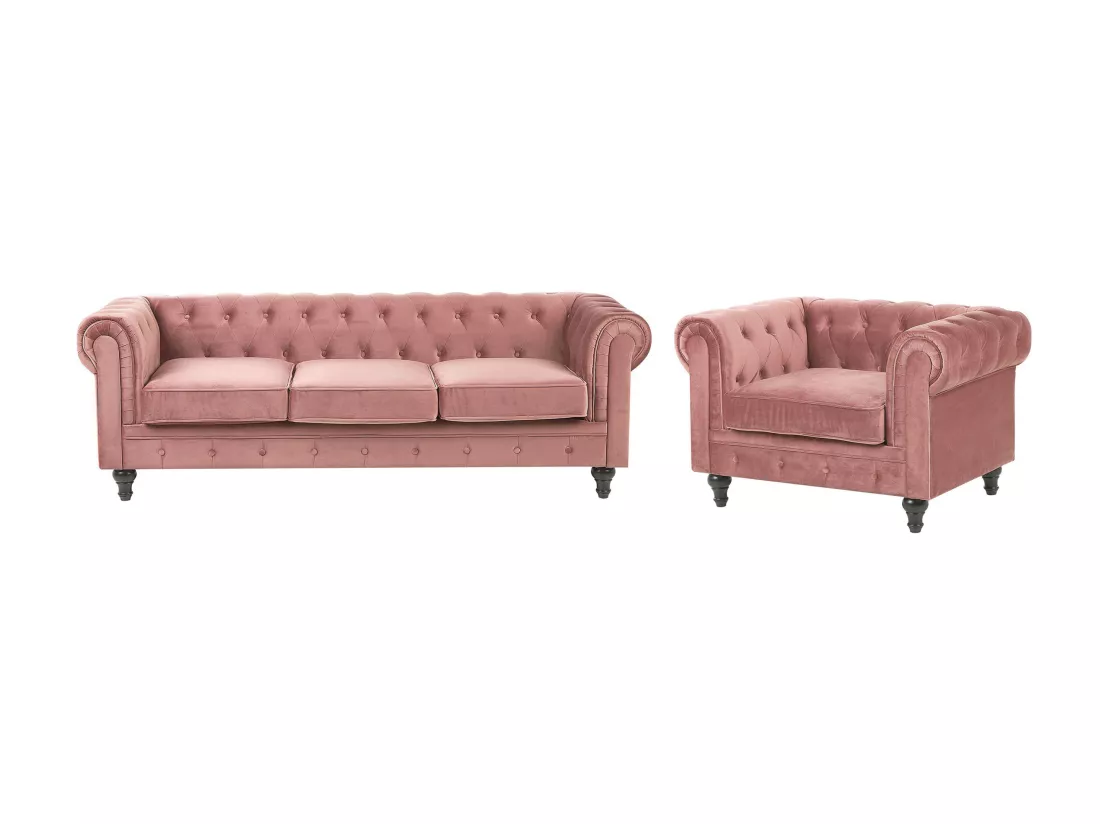 Ensemble canapé et fauteuil en velours rose 4 places CHESTERFIELD