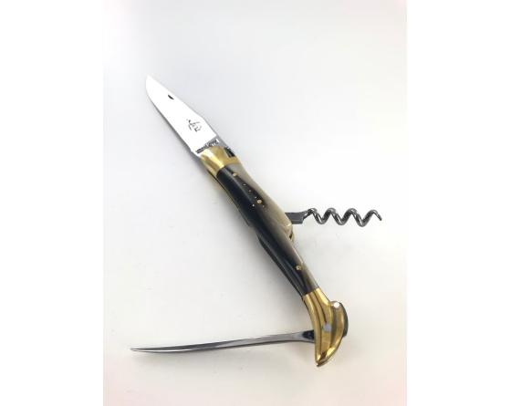 Laguiole Tradition 12 cm - 2 mitres Laiton - 3 pièces - Ponte de Corne - Acier T12 Couteau de Poche Forge de Laguiole