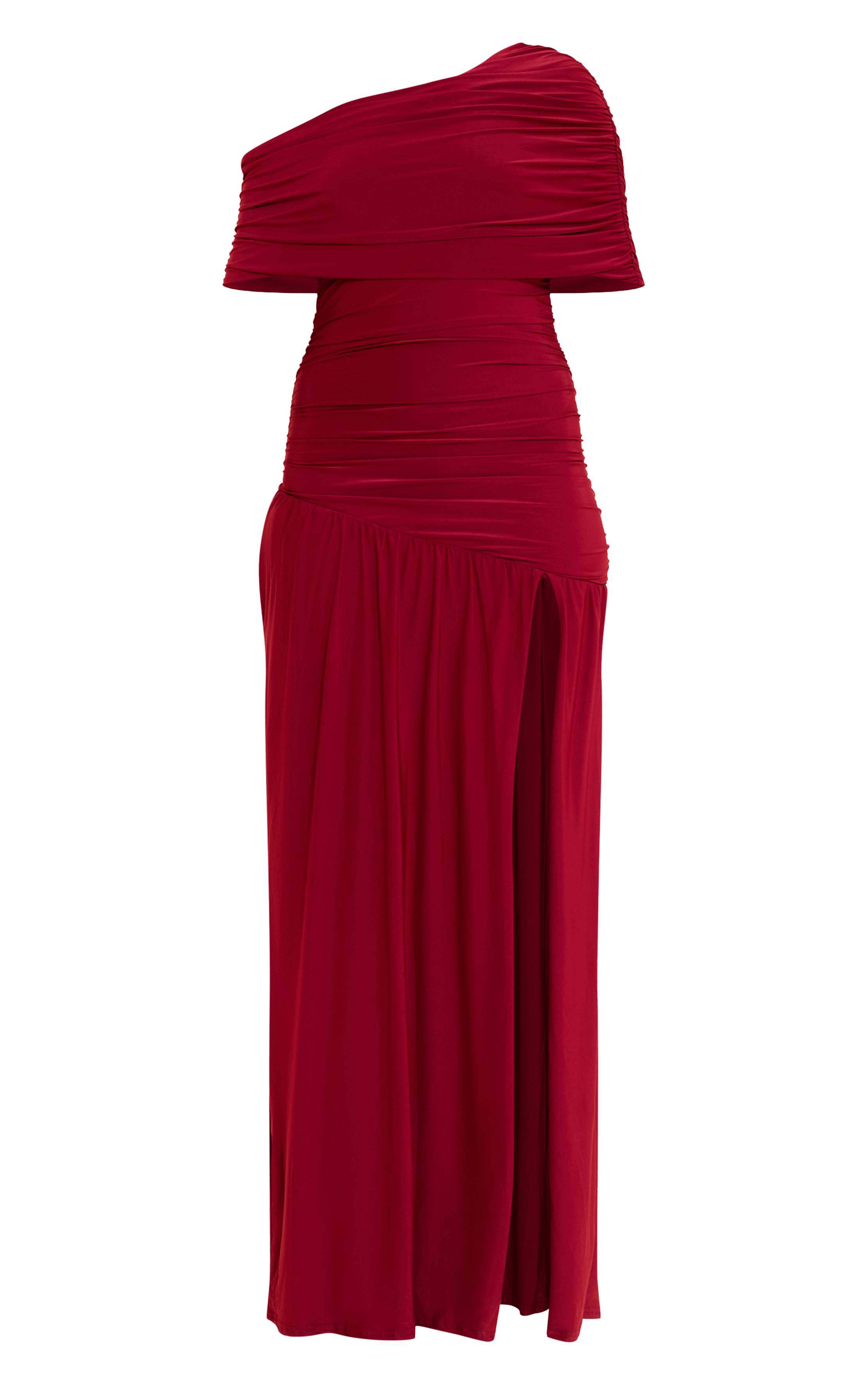Rouge Bordeaux Robe Longue Froncée À Double Couche Slinky Bardot Asymétrique
