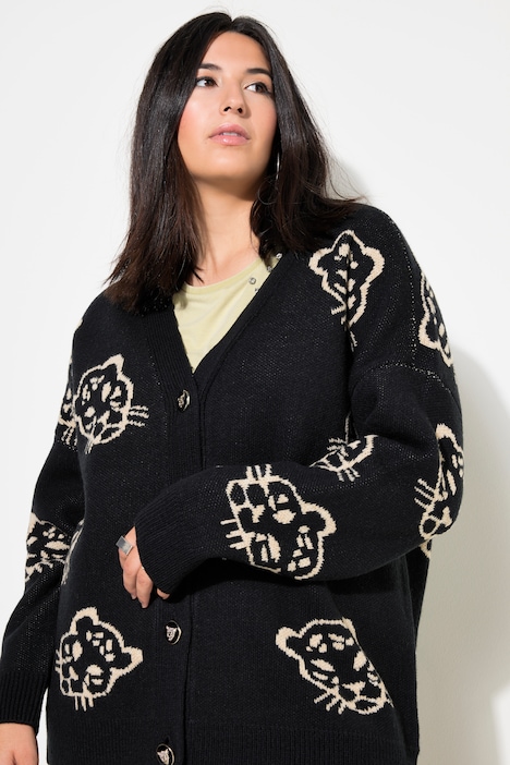 Strickjacke, oversized, Leo-Köpfe