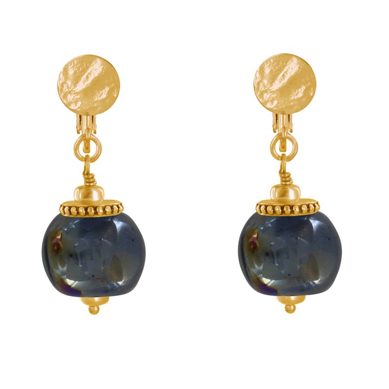 Boucles d'Oreilles Clip Métal Doré et Grosses Perles en Céramique