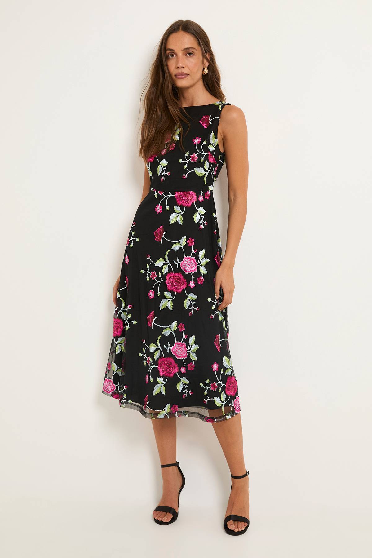 Wallis Robe Midi Ajustée Et Évasée En Tulle Brodé De Fleurs