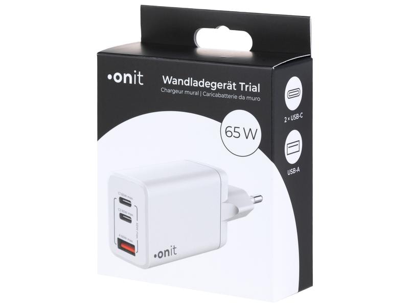 onit USB-Wandladegerät Trial QC4  65 W GaN Weiss Ladeadapter mit zwei USB-C-Ports und einem USB-A-Port