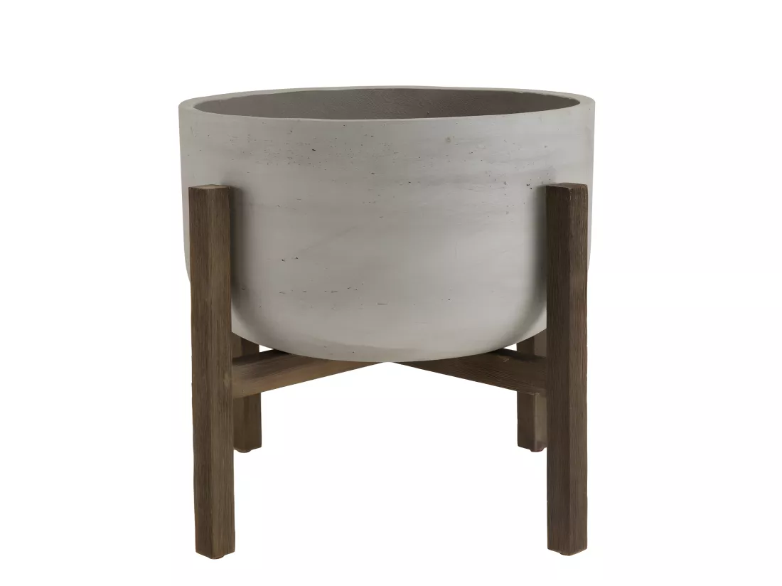 HANS - Pot de fleur rond en béton sur pieds en acacia marron