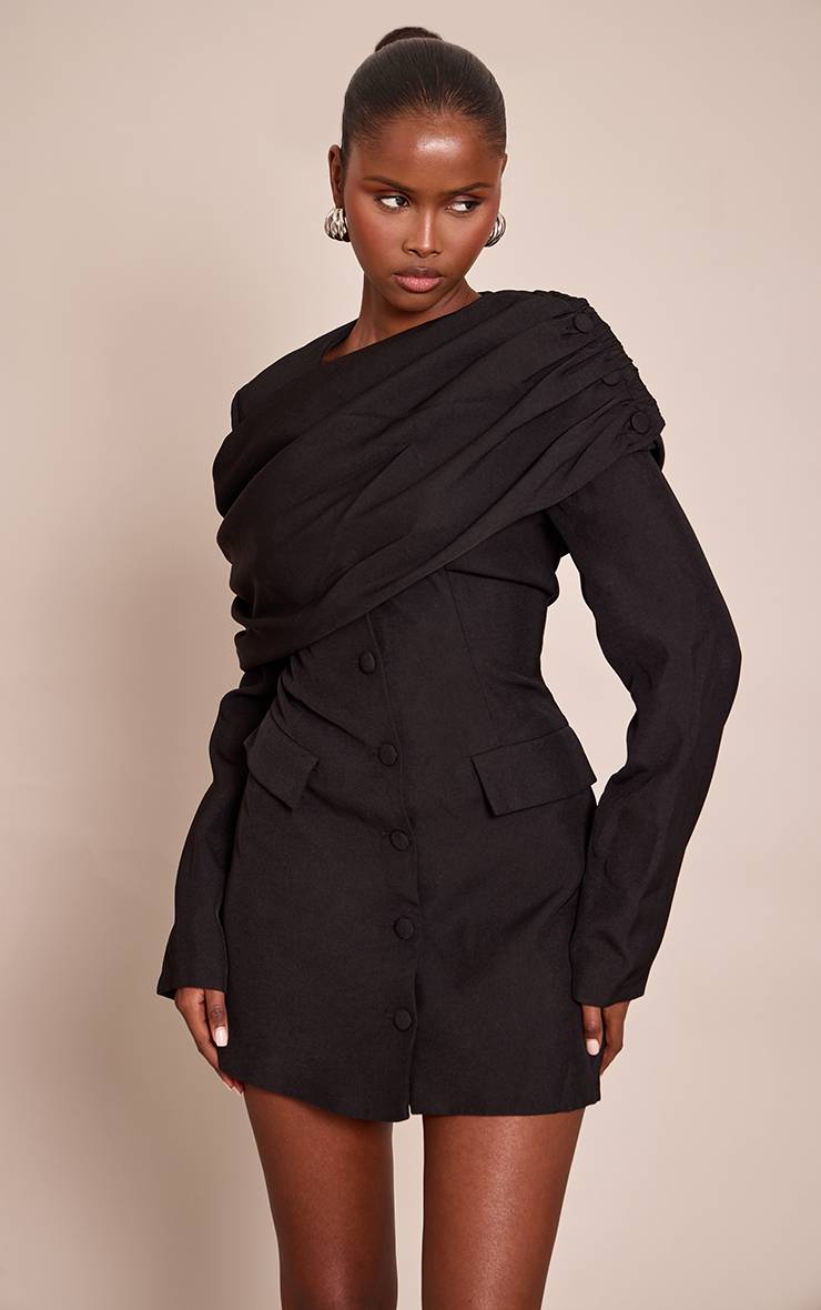 Noir Robe Blazer Cintrée Avec Détail Ceinture Drapée