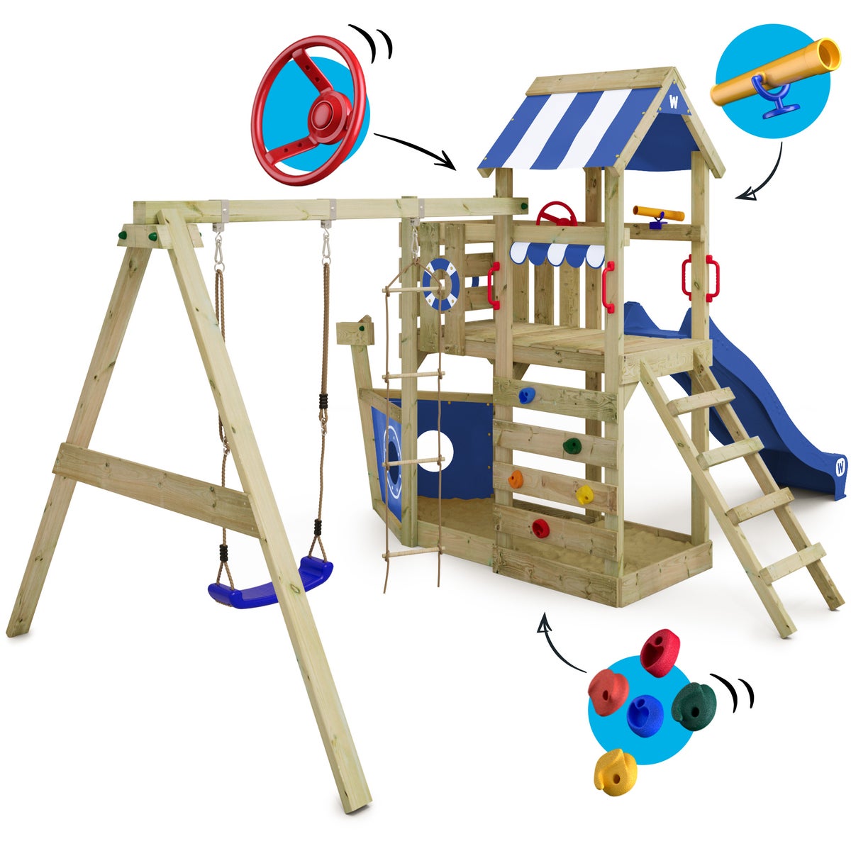 WICKEY SeaFlyer speeltoren klimtoestel met schommel en glijbaan, boomhut met zandbak, klimladder en speeltoebehoren - blauw