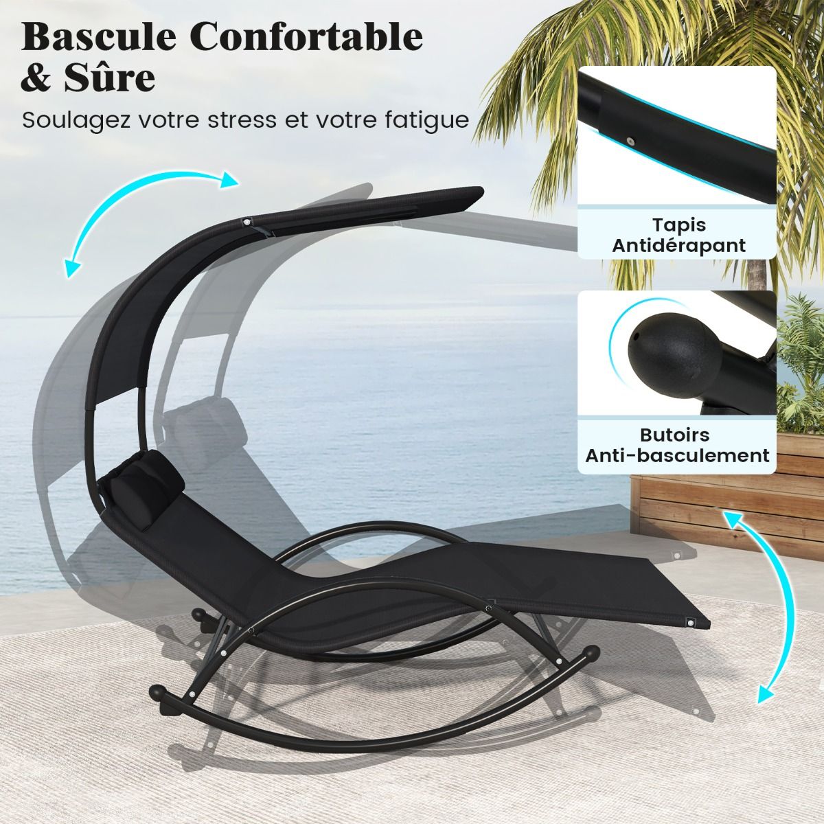 Chaise Longue Double Chaise à Bascule pour 2 Personnes 2 Appui-Têtes Amovibles Cadre en Métal Robuste Lit de Repos Ergonomique 2 Places Gris/Noir/Beige - Lidl-Manfred