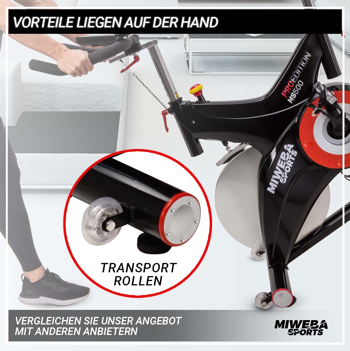 Miweba Sports Profi Indoor Cycle MS500, 25 kg Schwungrad, für zuhause geeignet (Schwarz)