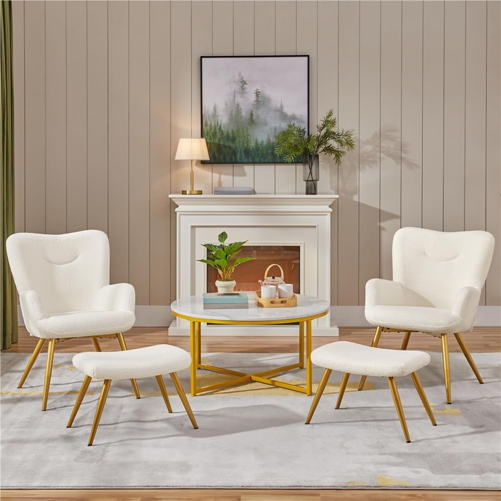 Yaheetech Sessel Ohrensessel mit Hocker aus Boucle-Gewebe, Relaxsessel mit Fußstütze, Loungesessel mit Klappbarer Rückenlehne, Fernsehsessel für Wohnzimmer/Schlafzimmer Elfenbein