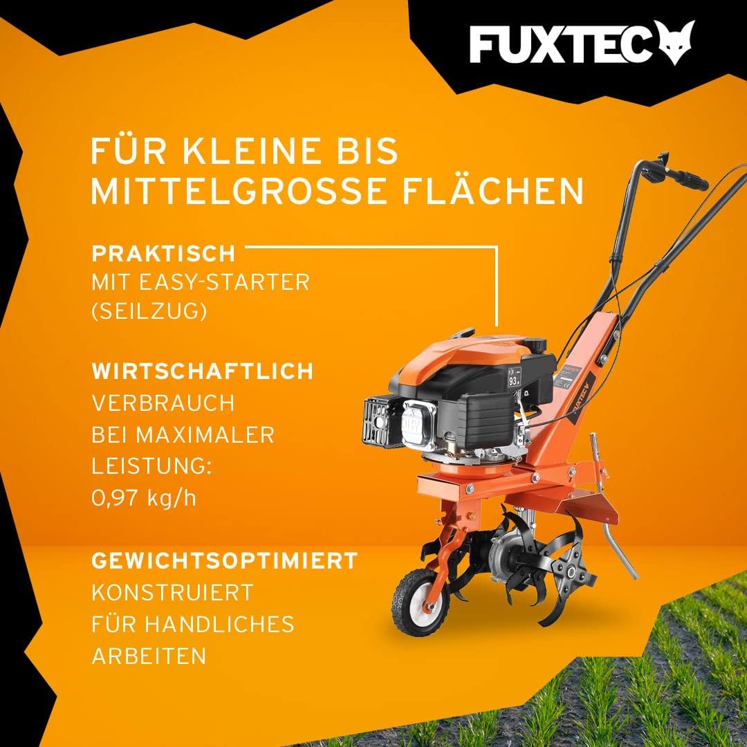 FUXTEC Motorhacke FX-AF1139, Gartenfräse für kleine bis mittelgroße Flächen, benzinbetriebene Bodenhacke, 16 robuste Messer, 4-Takt-Motor, Arbeitsbreite 36 cm, 3000 U/min