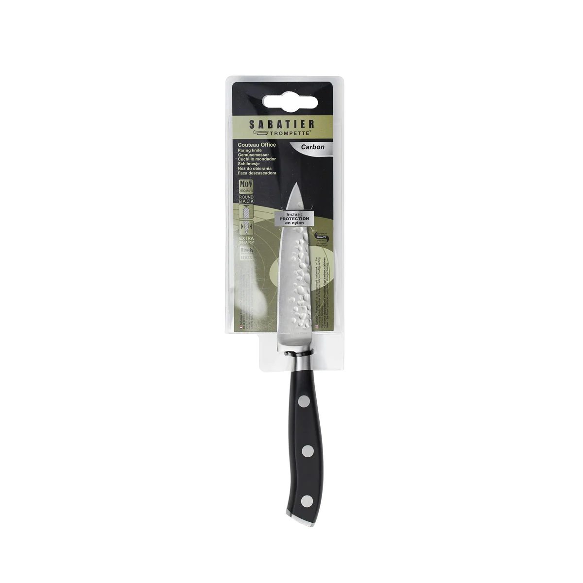 Carbon - Couteau d'office 9 cm martelé avec protection de lame Sabatie