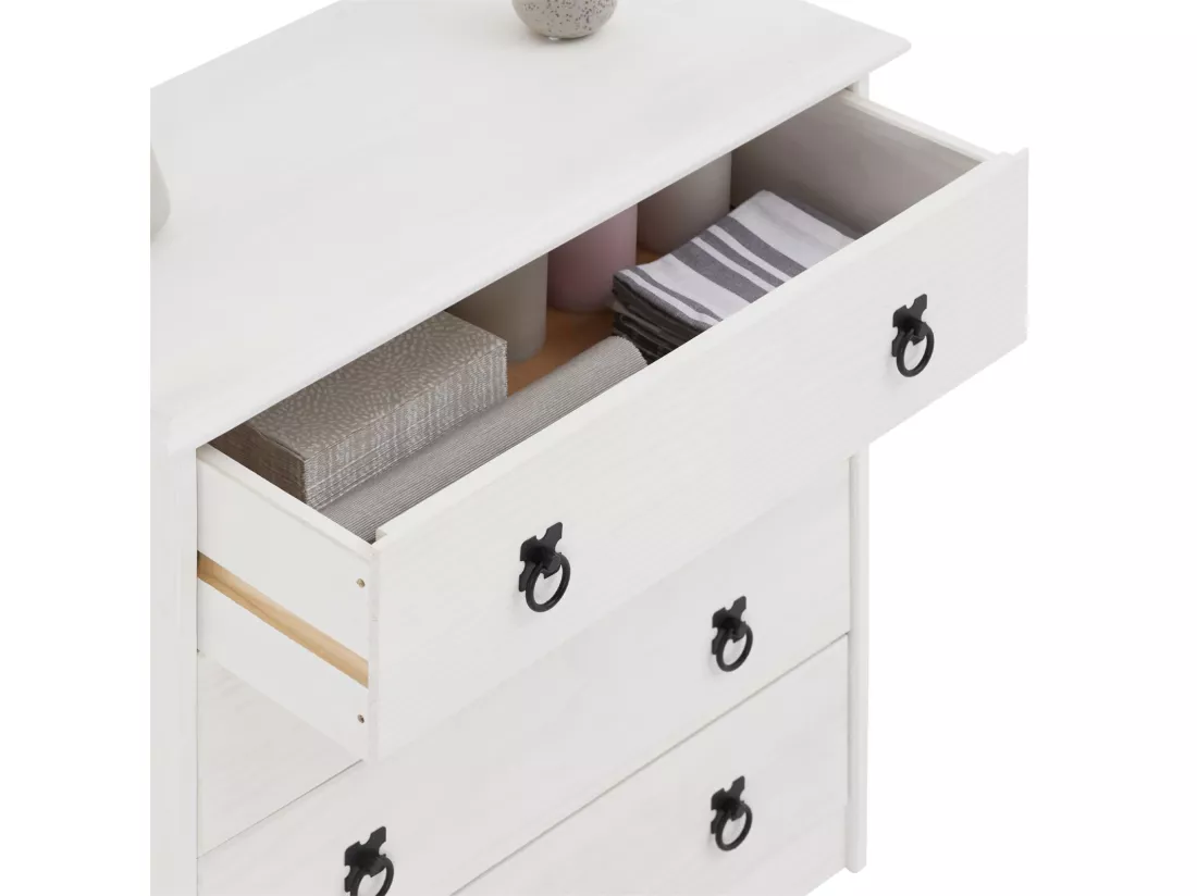 Commode en pin RESIDENCIA 4 grands tiroirs buffet bahut vaisselier en bois style mexicain, lasuré blanc