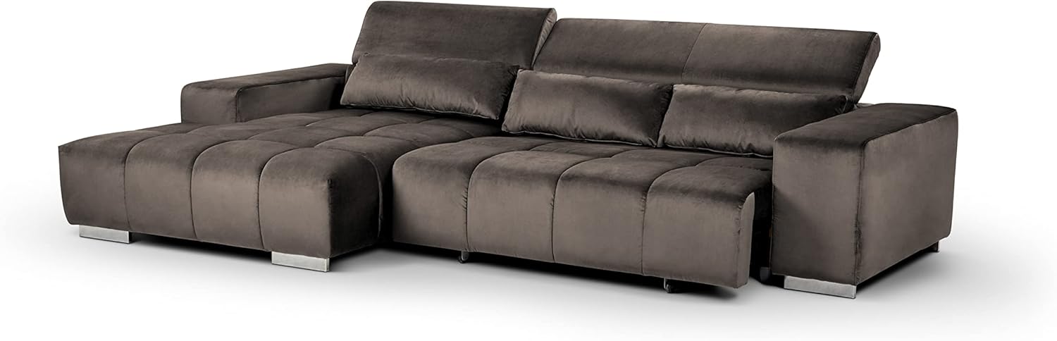 Mivano Eckcouch Orion / Großes Ecksofa mit XL-Recamiere inkl. Relaxfunktion, Kopfteilfunktion und Kissen / 307 x 73 x 186 / Velours, Grau