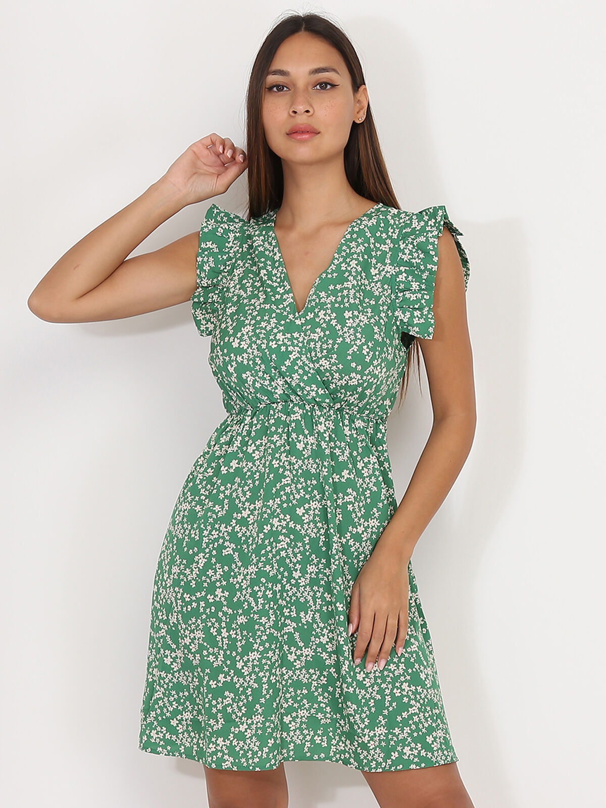 Robe évasée à fleurs et volants- Vert
