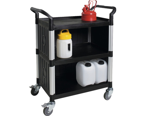 Multifunctionele wagen met 3 legborden, 450x680 mm, 3-zijdig gesloten, kunststof buizen, geborsteld aluminium, draagvermogen 240 kg