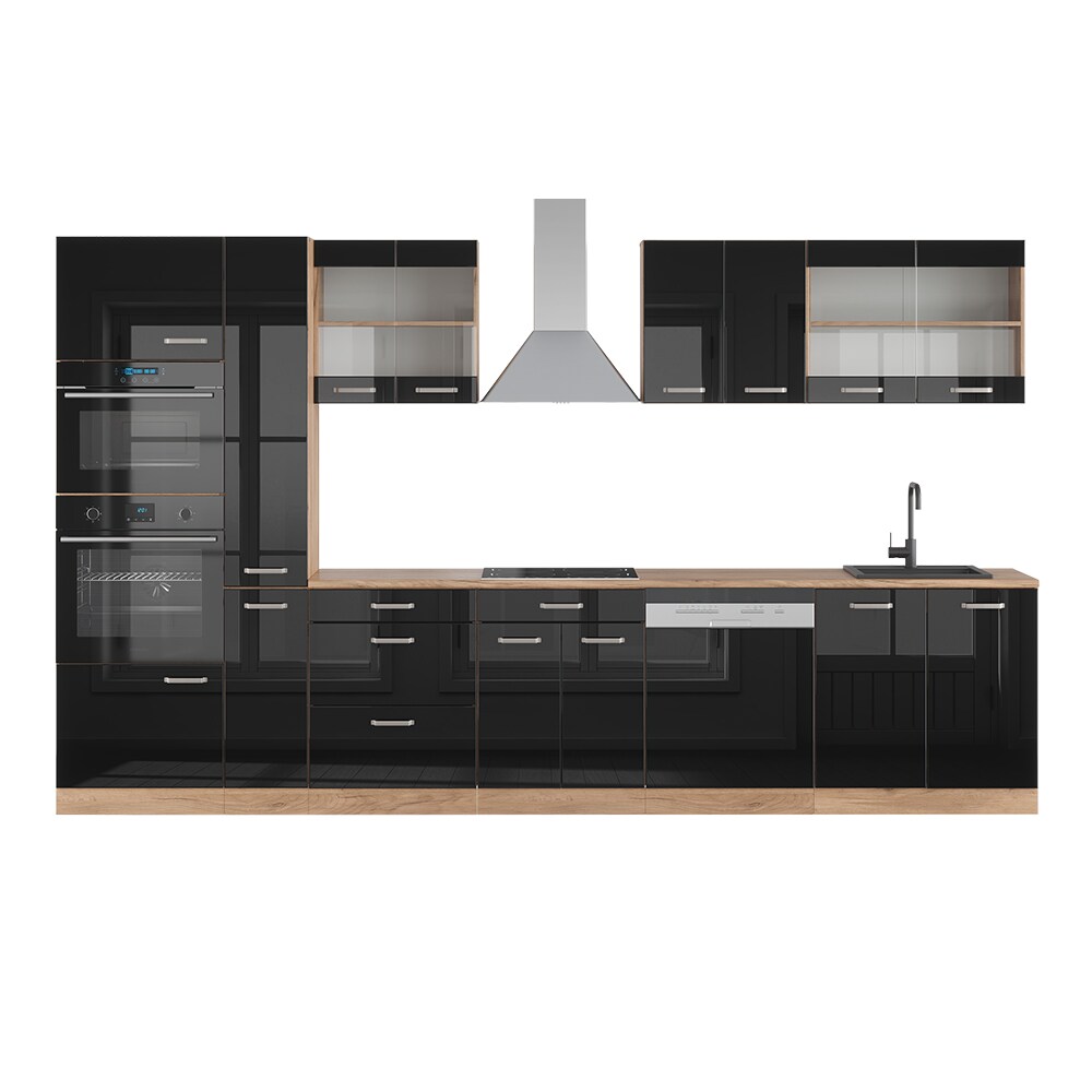 Vicco Küchenzeile R-Line Solid Eiche Schwarz 350 cm modern Küchenschränke Küchenmöbel