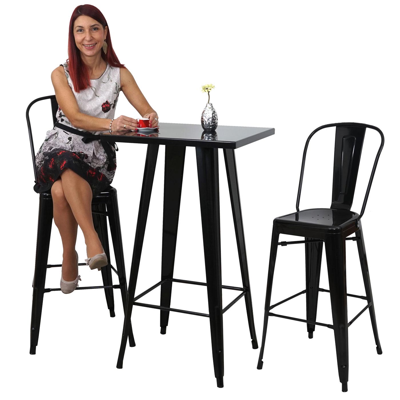 Set Stehtisch + 2x Barhocker MCW-A73, Barhocker Bartisch, Metall Industriedesign ~ schwarz