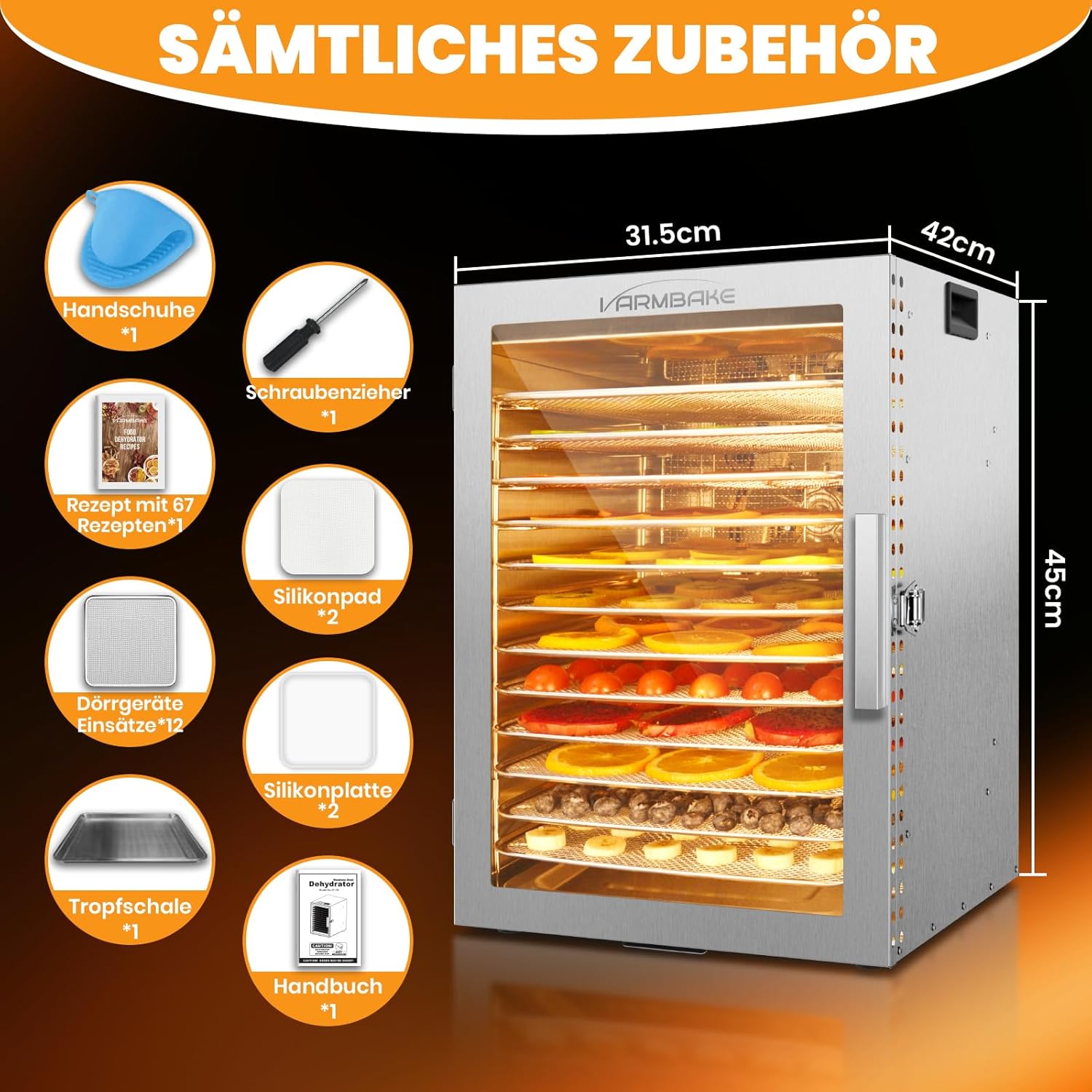Dörrautomat Edelstahl 12 Etagen, 1.1㎡ Dörrfläche, 30-90℃ Obsttrockner Dörrautomat Groß, 800W Lebensmittel Dörrgerät Für Kräuter Fleisch Dörrautomaten, & 316 Tabletts(29X29 cm)