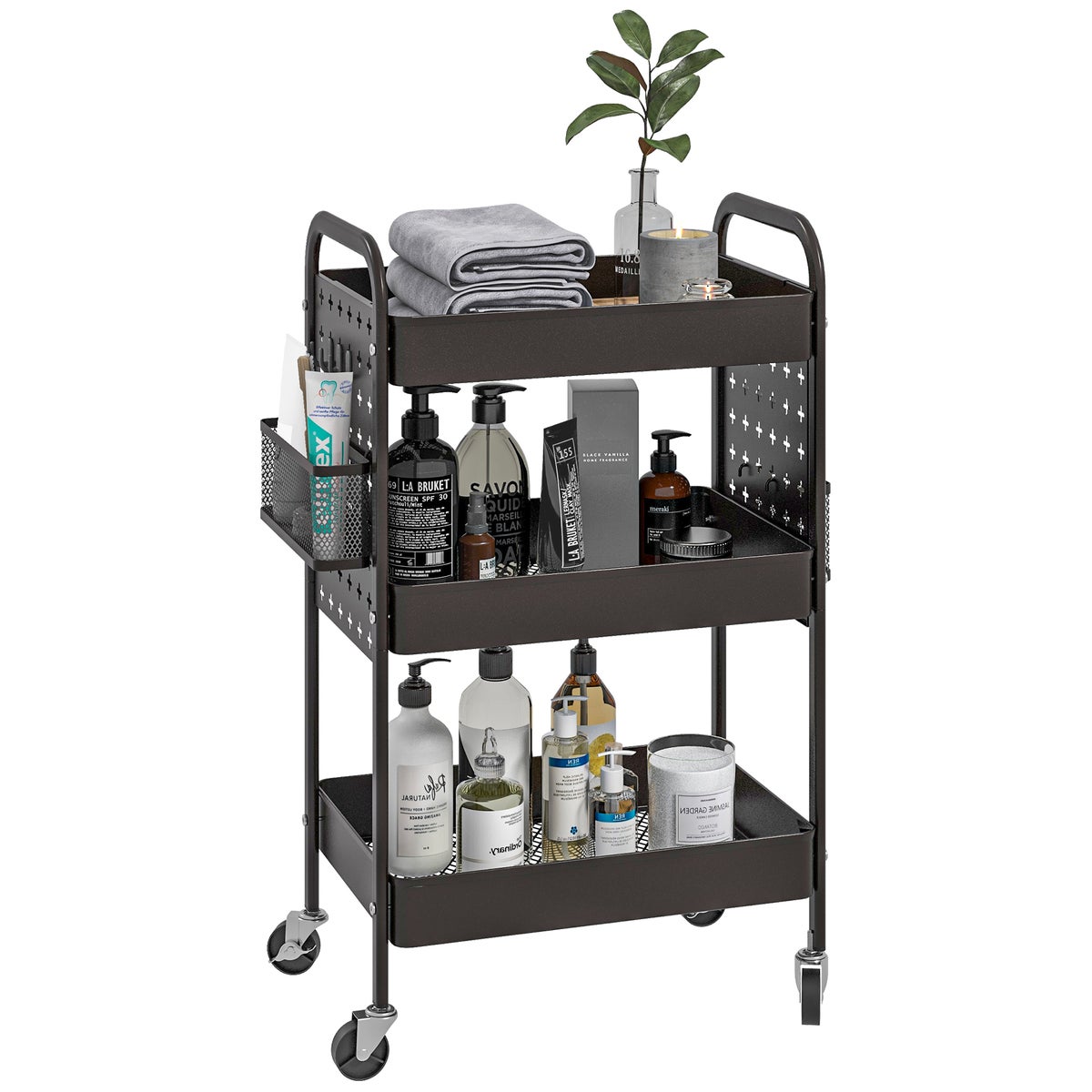 HOMCOM Rolwagen, Serveerwagen met 3 Planken, 2 Hangmanden, Opbergwagen met Handvat, Keukenwagen, Bijzettafel voor Keuken, Woonkamer, Staal, Zwart
