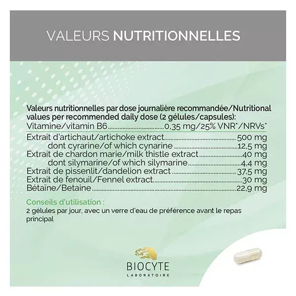 Biocyte Hepato Detox Bien-être Foie Chardon Marie Fenouil Artichaut 60 gélules