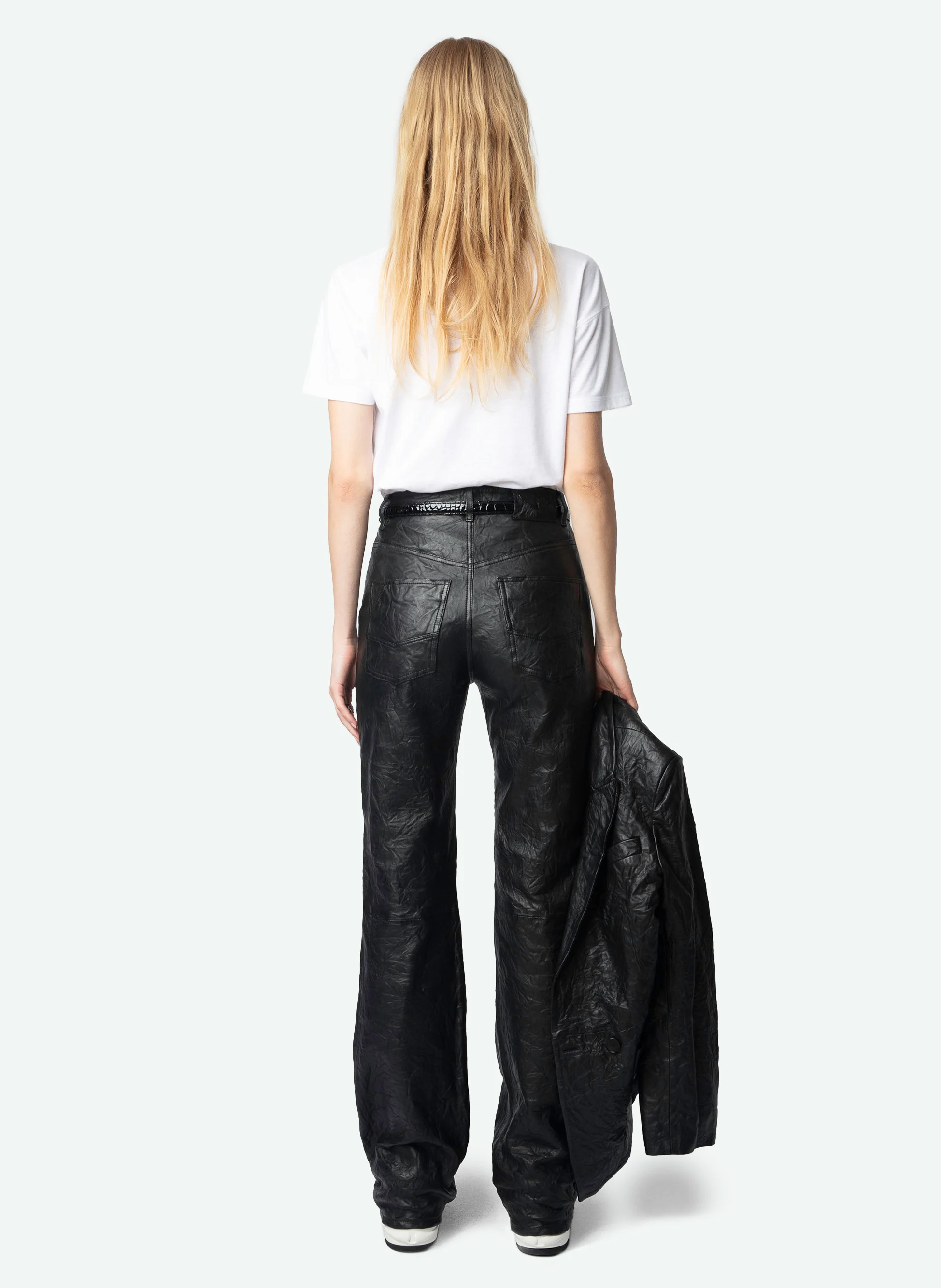 ELIO - Pantalon droit en cuir froissé | Noir