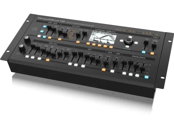 Behringer Deepmind 12D, Analog synthesizer, Kor, Forsinkelse, Flanger/Digital signalbehandling (DSP), Phaser, Efterklang, Sort, LCD, Vekselstrøm