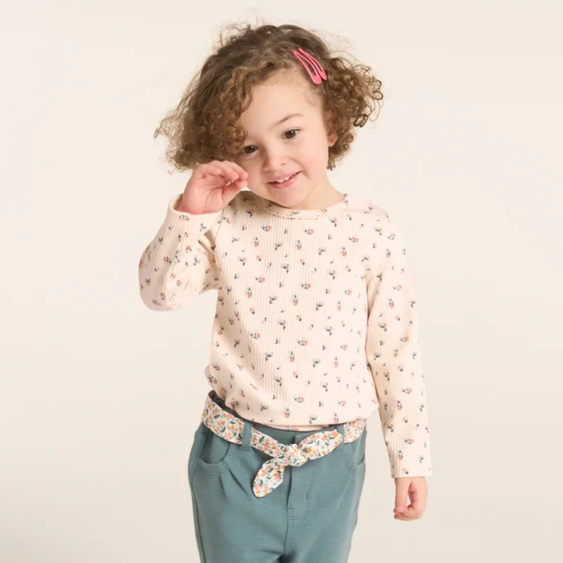T-shirt fleuri coton côtelée rose bébé fille Rose