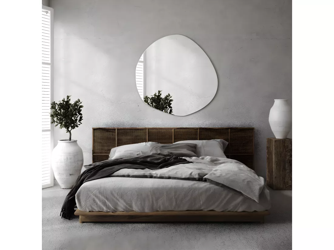Miroir suspendu asymétrique pour la chambre Japandi 67 cm x 67,6 cm