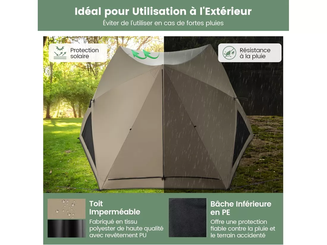 Tente de Camping Instantanée pour 4-6 Personnes, Tente Familiale Imperméable à 6 Côtés avec Auvent Puits de Lumière 3 Portes 3 Fenêtres Sac de Transport, 285 x 250 x 147 cm