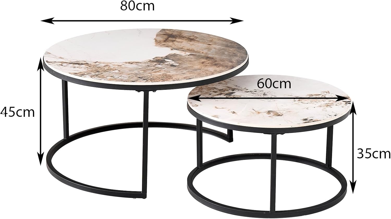 2er-Set Runder Couchtisch, Pandora Sinterstein Wohnzimmer-Beistelltisch, Nordischer Couchtisch – Schwarzer Metallrahmen