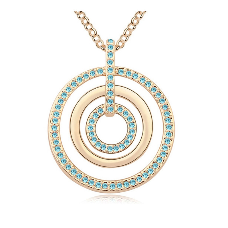 Collier Sautoir Cercles orné de cristaux de Swarovski Bleu et Plaqué Or Jaune