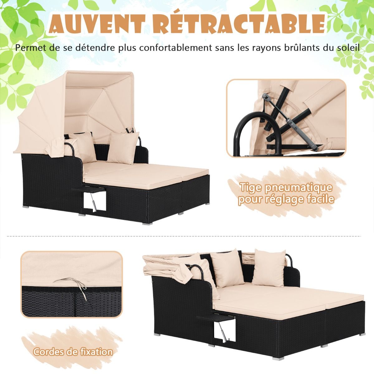 Chaise Longue à 2 Places en Rotin avec Auvent Rétractable Bain de Soleil avec Panneaux Latéraux Pliables Charge 360KG Beige/Gris - Lidl-Manfred