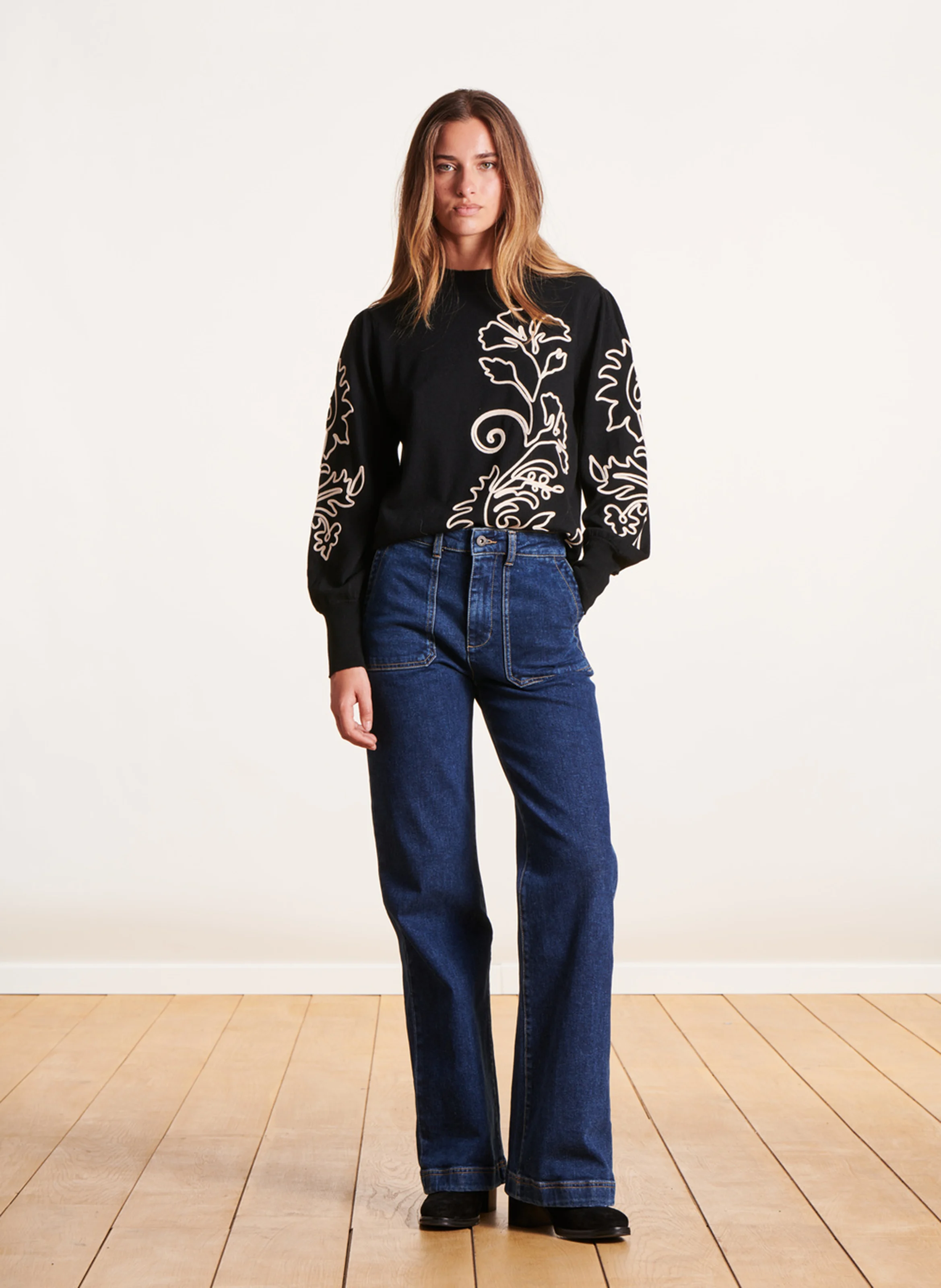 Jean large taille haute en coton bio mélangé | Bleu
