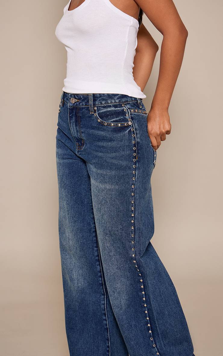 Mid Blue Wash Jean Petite Bleu Moyen À Clous Jambes Larges